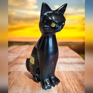 Black Onyx Cat Figurine Yellow Eyes Hand Carved